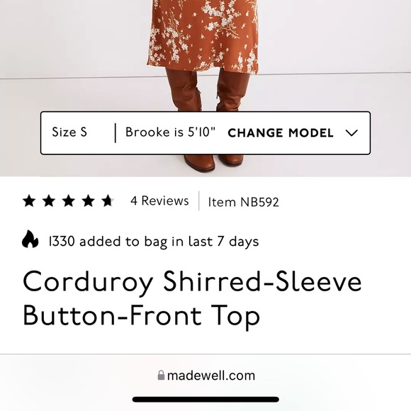 XS cream colored Madewell corduroy shirred sleeve button front top - Picture 10 of 10